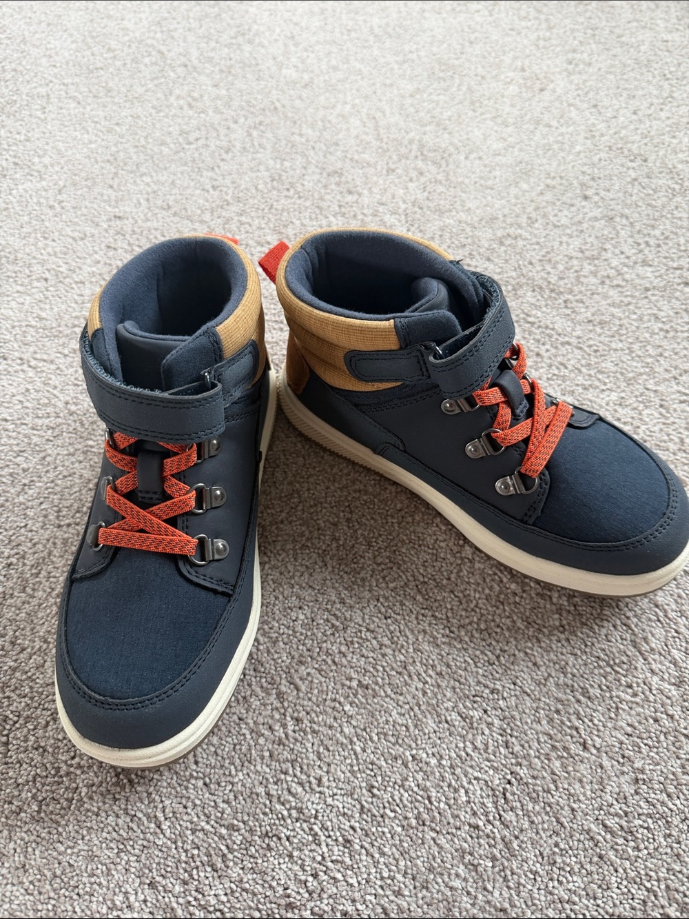 Brand new! Kids High-Top Casual Sneakers - Navy and Tan with Orange Laces